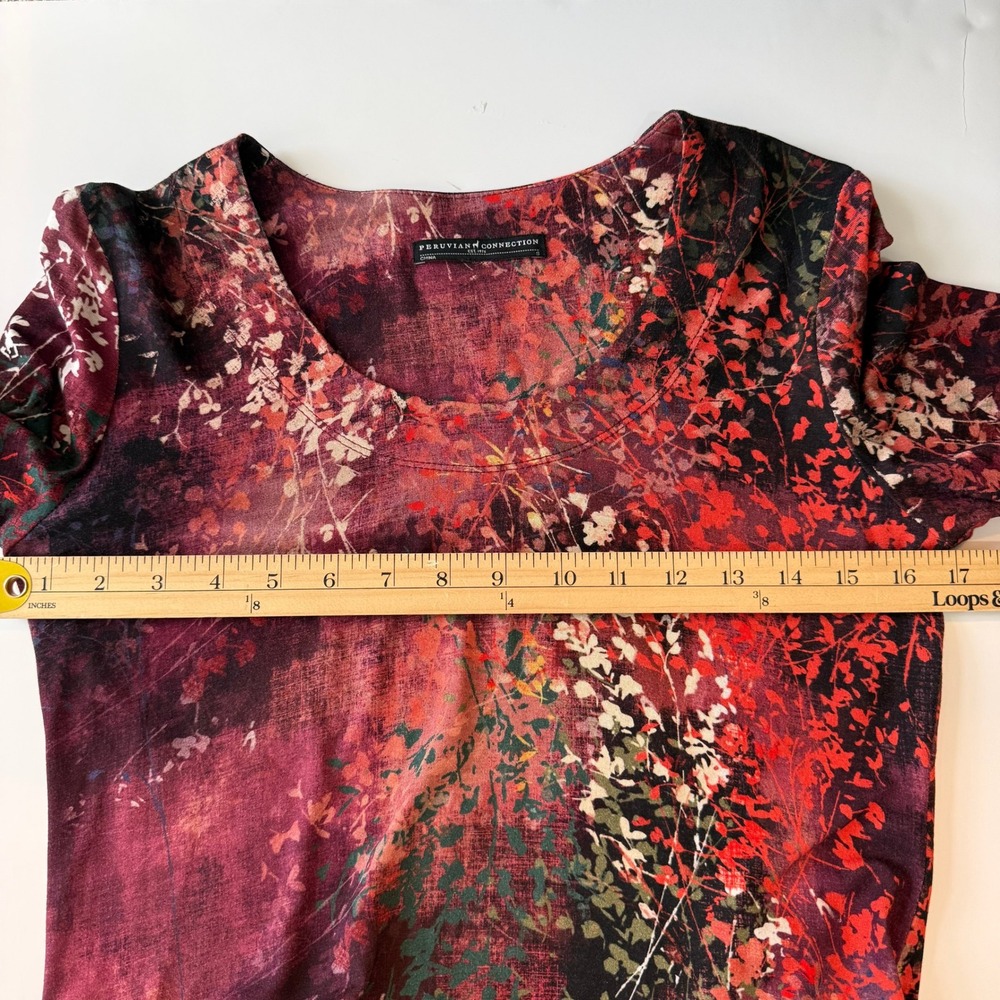 Peruvian Connection Floral Print Tunic Dress Burgundy Small Boho Art To Wear - Picture 12 of 13